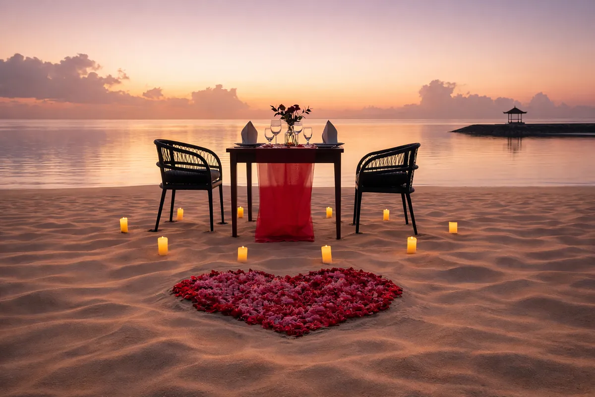 A candlelit dinner for two on the sand at sunset, Sanur beach